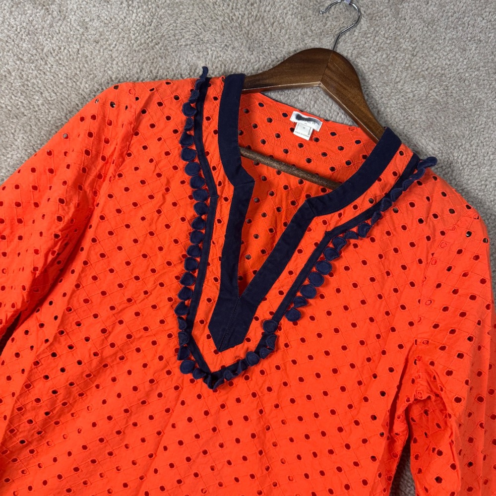 J.Crew Tunic Top Women Medium Orange Navy Eyelet Pom Pom Ruffle 3/4 Sleeve Shirt